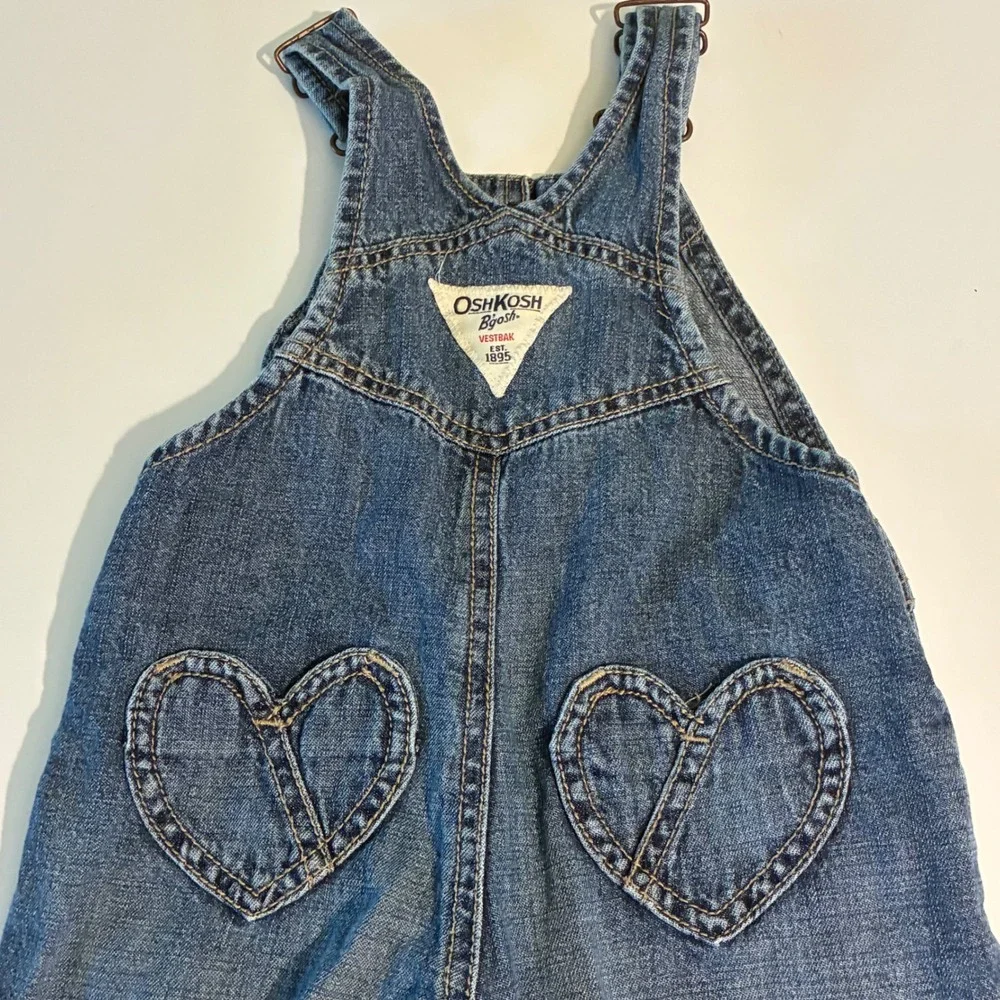 OshKosh Bgosh Girls 24 Months Blue Denim Heart Embroidered Bib Overalls 434A117